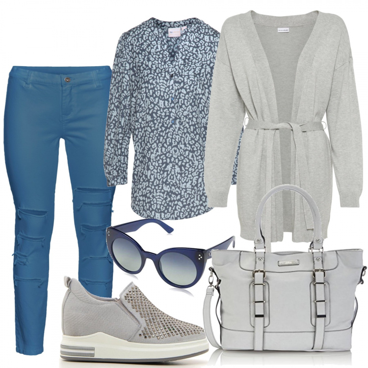 Outfit donna - Giornata confort in blue. Stile Basic per Tutti i giorni. Abbinamento con pantaloni, tuniche, cardigans, sneakers, shopping bag, occhiali da sole.