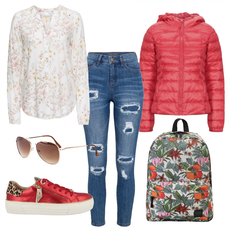 Outfit donna - Primavera sportiva #jeans. Stile Urban per Scuola/Università. Abbinamento con camicie, occhiali da sole, jeans strappati, piumini, zaini, sneakers.