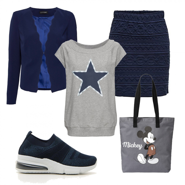 Outfit donna - Mini e sneakers. Stile Basic per Tutti i giorni. Abbinamento con t-shirt, shopping bag, blazer, minigonne, sneakers.