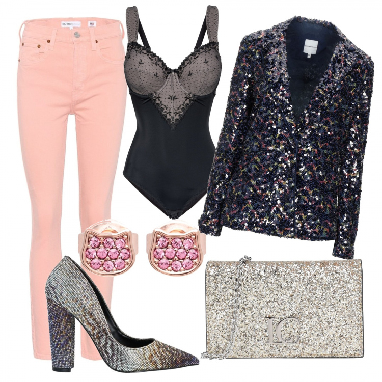 Outfit donna - Glitterata. Stile Chic per Serata fuori. Abbinamento con body, orecchini, blazer, borse a mano, décolleté, jeans skinny.