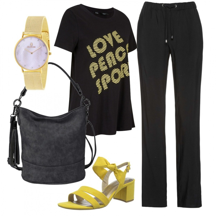 Outfit donna - Basic #12898. Stile Basic per Tutti i giorni. Abbinamento con pantaloni, vestito lungo senza maniche rosa, borse a tracolla, sandali, orologi analogici.