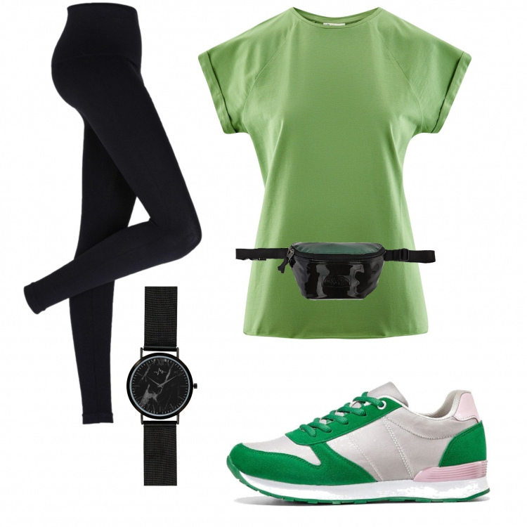 Outfit donna - Al parco. Stile Basic per Sport. Abbinamento con leggings, sneakers, t-shirt, orologi analogici, marsupi.