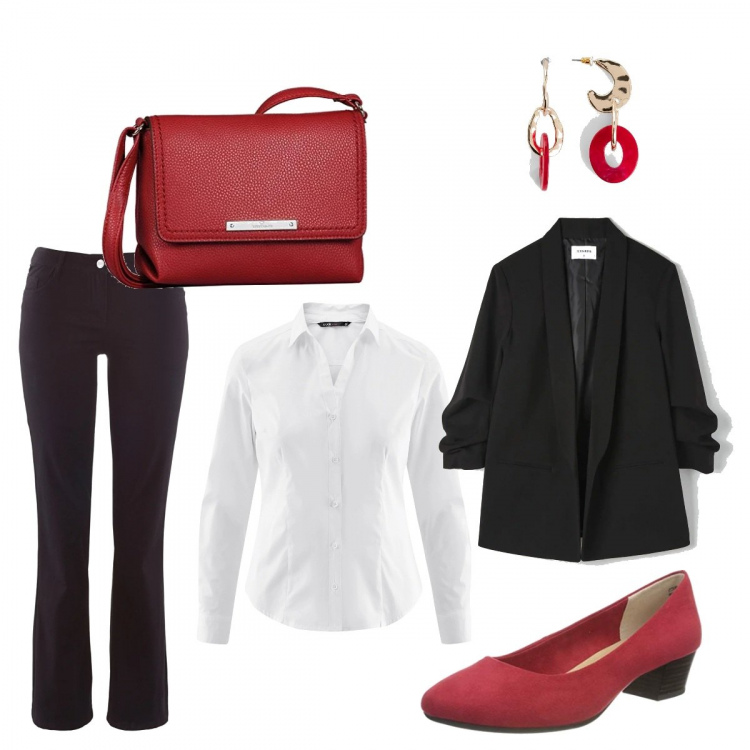 Outfit donna - Rosso in ufficio. Stile Bon Ton per Ufficio. Abbinamento con pantaloni, orecchini, giacche, borse a spalla, camicie, décolleté.