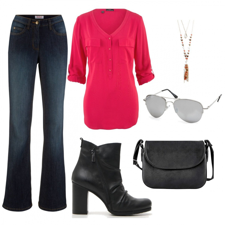 Outfit donna - Red heart. Stile Rock per Tutti i giorni. Abbinamento con bluse, jeans bootcut, borse a tracolla, ciondoli, stivaletti, occhiali da sole.