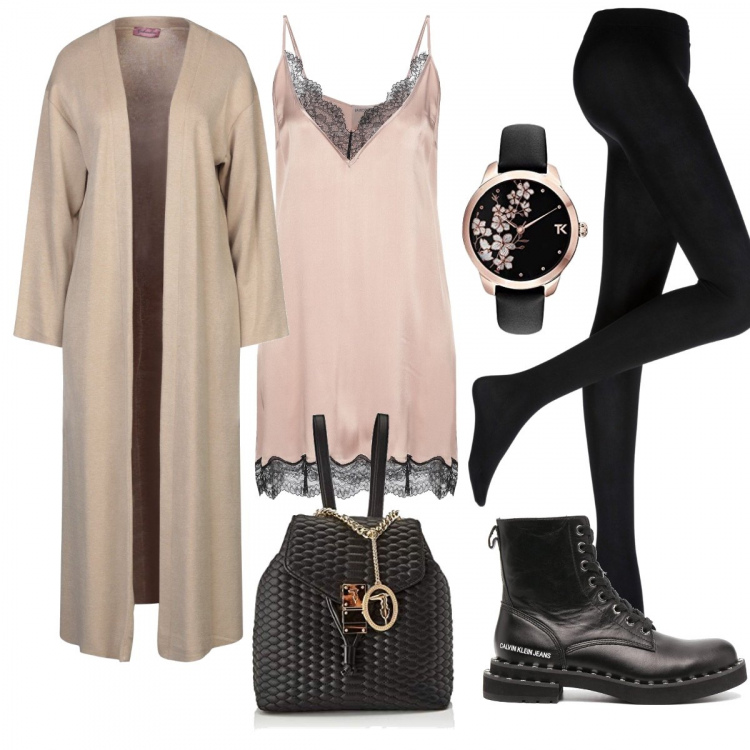 Outfit donna - Cardigan, abito-sottoveste e anfibi. Stile Urban per Tutti i giorni. Abbinamento con collant, cardigans, vestiti corti, anfibi, zaini, orologi.