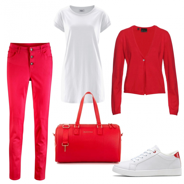 Outfit donna - Pasqua plus size. Stile Chic per Tutti i giorni. Abbinamento con t-shirt, cardigans, pantaloni, sneakers, borse a tracolla.