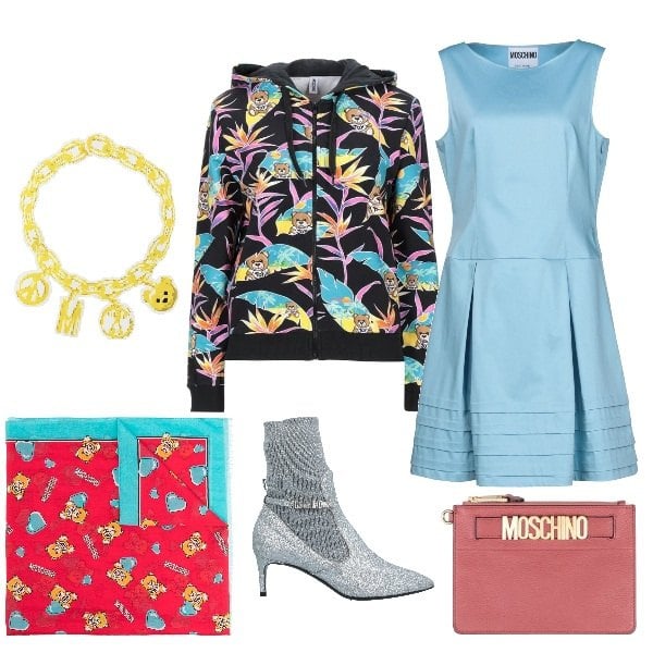 Outfit donna - Moschino follie. Stile Trendy per Tutti i giorni. Abbinamento con stivaletti, vestiti corti, felpe con cappuccio, pochette, collane, sciarpe.