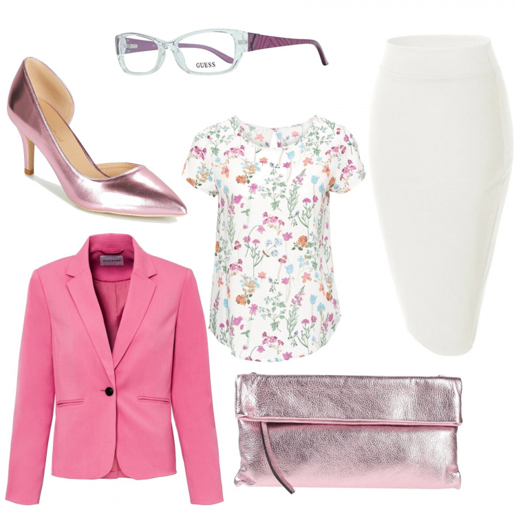 Outfit donna - Rosissimo..... Stile Basic per Ufficio. Abbinamento con bluse, blazer, borse a mano, décolleté, gonne longuette, occhiali.