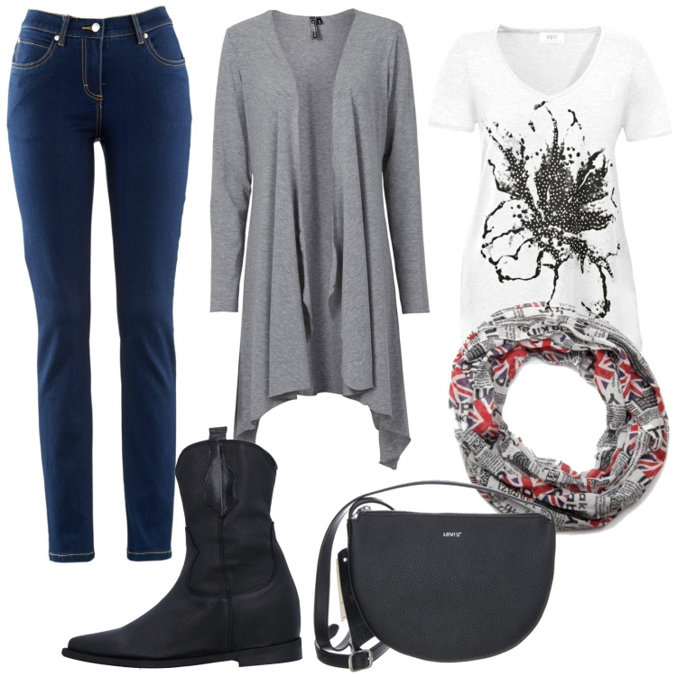 Outfit donna - Tempo di foulard. Stile Basic per Tutti i giorni. Abbinamento con jeans dritti, cardigans, t-shirt, stivaletti, borse a mano, foulard.