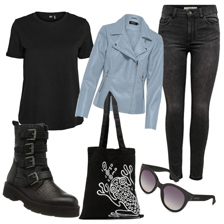 Outfit femme - Rock #1973. Style Rock pour Tous les jours. look idéal pour Grande. Assortir avec manteaux, pantalon , bottines, t-shirts, lunettes, sac cabas.