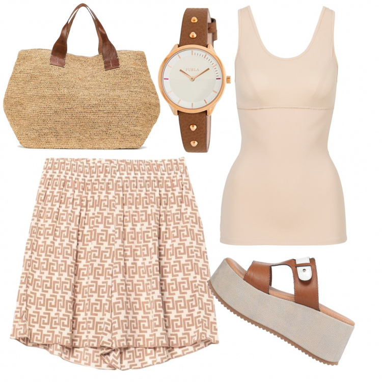 Outfit donna - Basic #13058. Stile Basic per Tutti i giorni. Abbinamento con top, shorts, sandali col tacco, borse tote, orologi analogici.