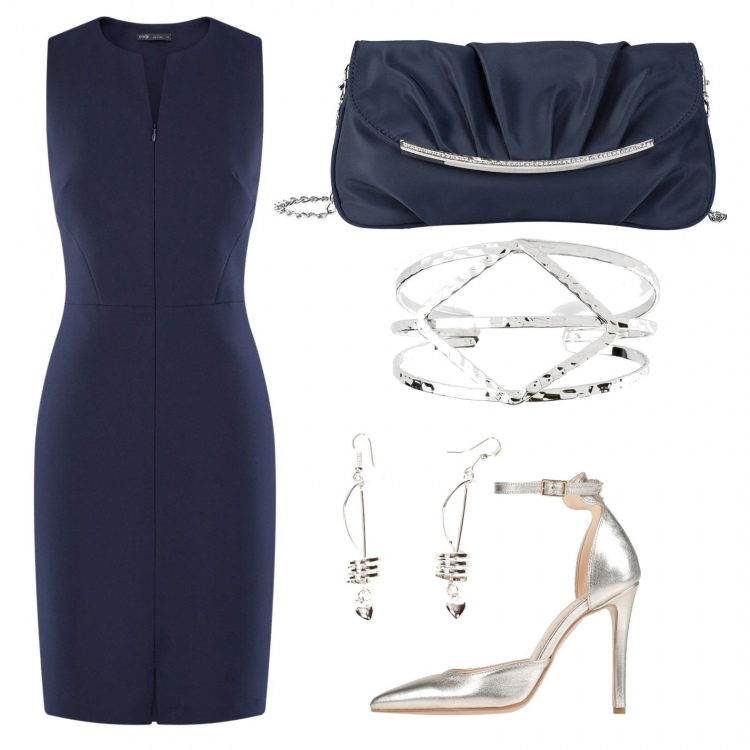 Outfit donna - Blue chic. Stile Bon Ton per Serata fuori. Abbinamento con pochette, top, décolleté, orecchini, vestiti midi/longuette.