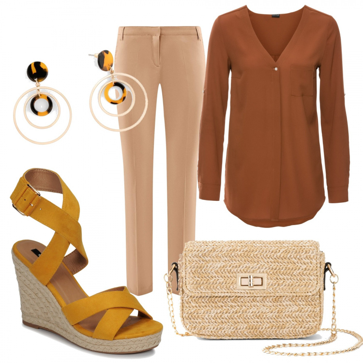 Outfit donna - Trendy #22848. Stile Trendy per Tutti i giorni. Abbinamento con camicie, borse a mano, orecchini, sandali, pantaloni.