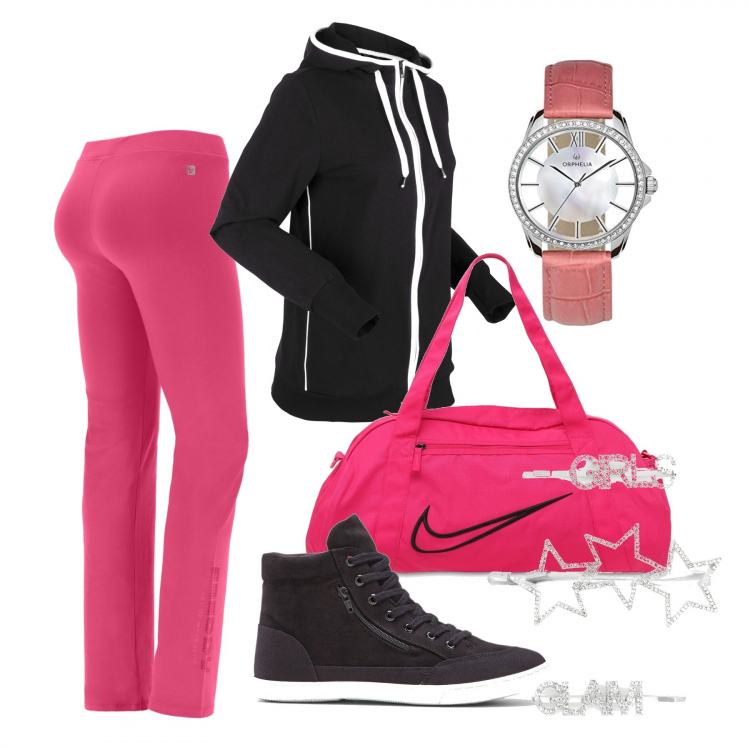 Outfit donna - Ore 18:00 in palestra. Stile Basic per Sport. Abbinamento con felpe, sneakers alte, accessori per capelli, pantaloni, borse sportive, orologi analogici.