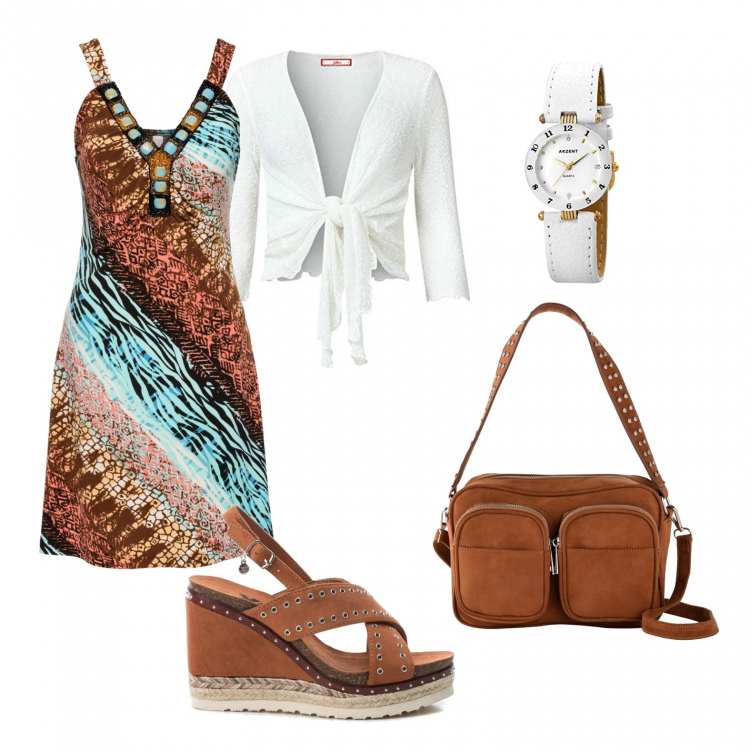 Outfit donna - Etnico chic. Stile Etnico per Tutti i giorni. Abbinamento con vestiti, borse a tracolla, zeppe, bolero, orologi analogici.