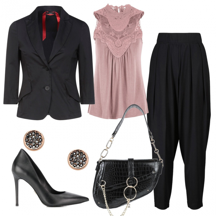 Outfit donna - Top in pizzo. Stile Urban per Tutti i giorni. Abbinamento con top, blazer, borse a mano, décolleté, pantaloni, orecchini.