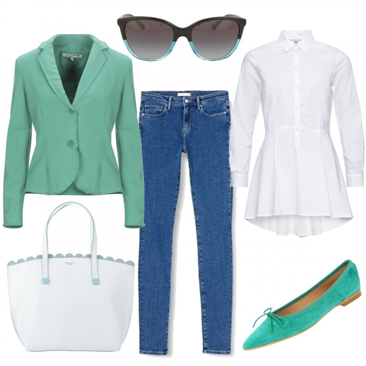 Outfit donna - Jeans in ufficio. Stile Basic per Ufficio. look ideale per Tall. Abbinamento con camicie, giacche, borse a mano, ballerine, occhiali da sole, pantaloni skinny.