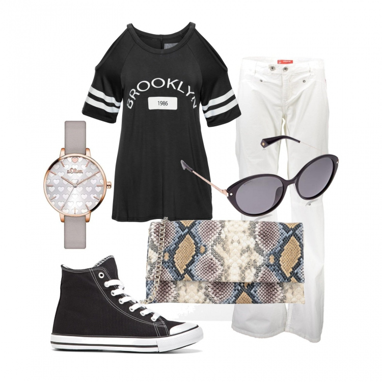 Outfit donna - In giro senza meta ..... Stile Basic per Tutti i giorni. Abbinamento con maglieria, sneakers alte, borse a mano, pantaloni, occhiali da sole, orologi analogici.