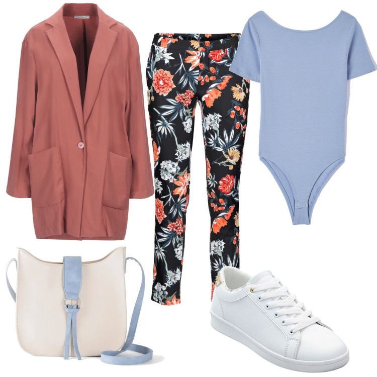 Outfit donna - Pants, body e maxi blazer. Stile Basic per Tutti i giorni. Abbinamento con pantaloni, sneakers, borse a tracolla, blazer, t-shirt.