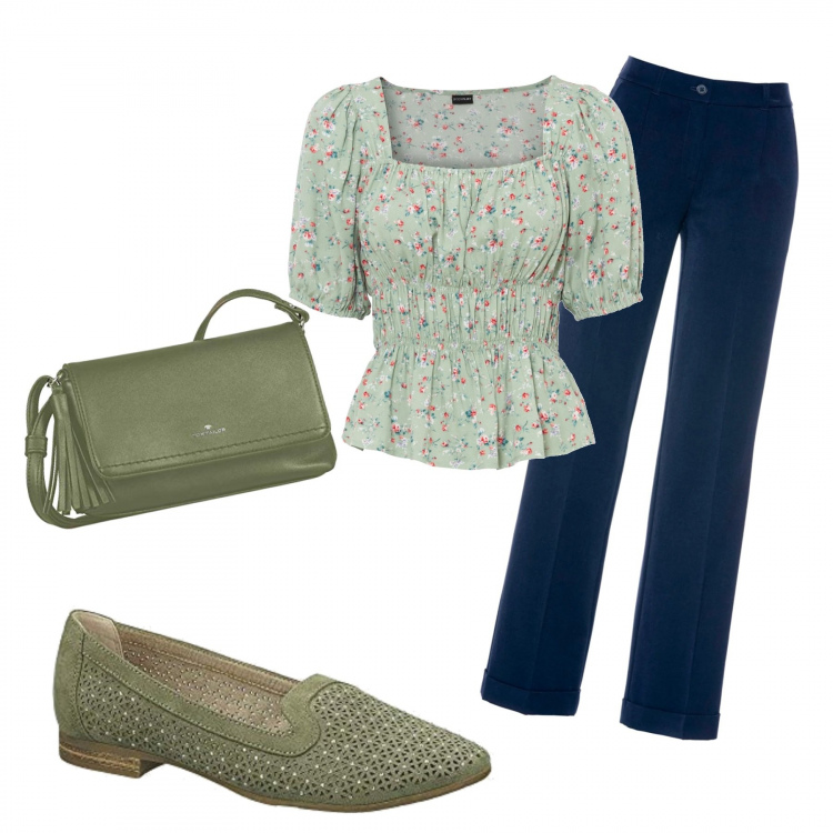 Outfit donna - Trendy #22934. Stile Trendy per Tutti i giorni. Abbinamento con pantaloni, bluse, mocassini, borse a mano.