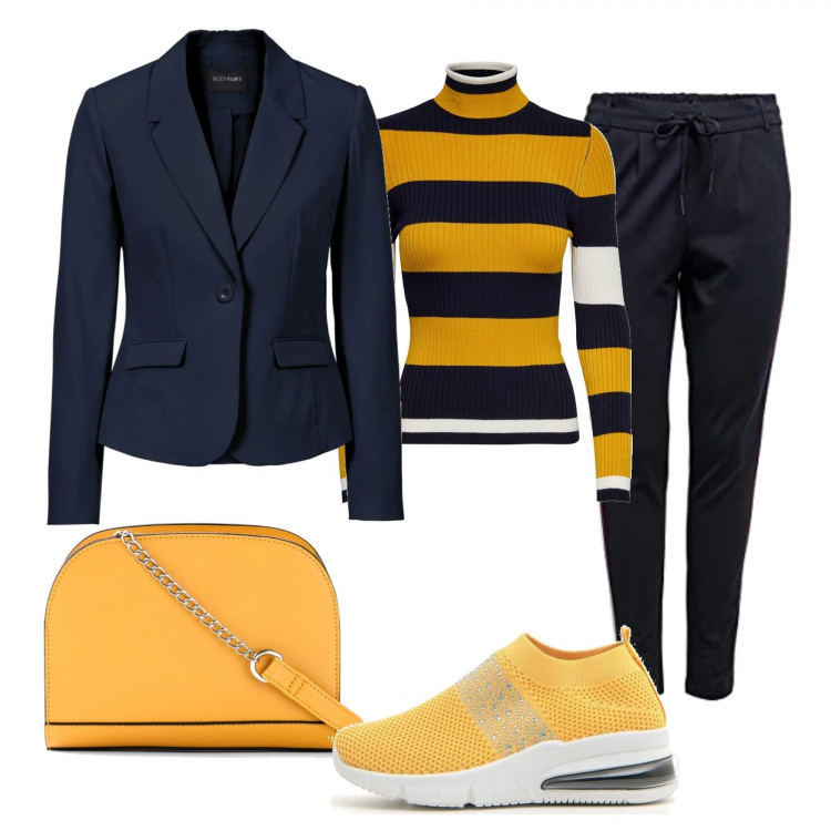Outfit donna - Trendy #22958. Stile Trendy per Tutti i giorni. Abbinamento con blazer, borse a tracolla, maglioni, sneakers, pantaloni.