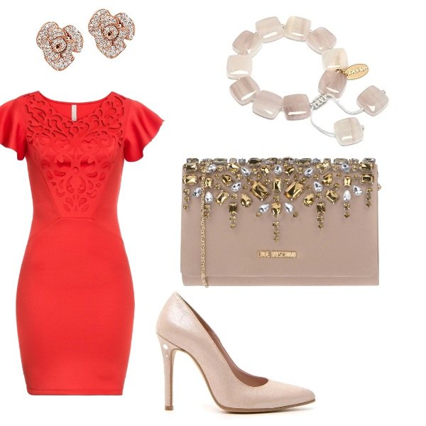 Outfit donna - Chic #6935. Stile Chic per Cerimonia. Abbinamento con vestiti, décolleté glitter rosa, braccialetto rosa e beige, orecchini a perno argento.