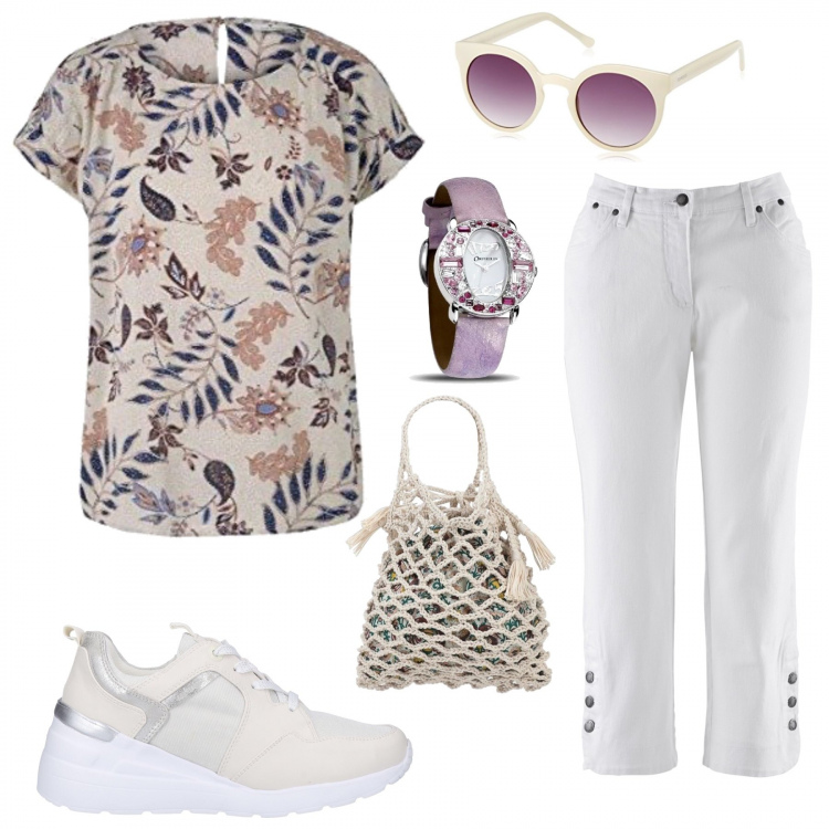 Outfit donna - Bianco Boho Street. Stile Etnico per Tutti i giorni. Abbinamento con jeans, sneakers, borse a mano, bluse, orologi, occhiali da sole.