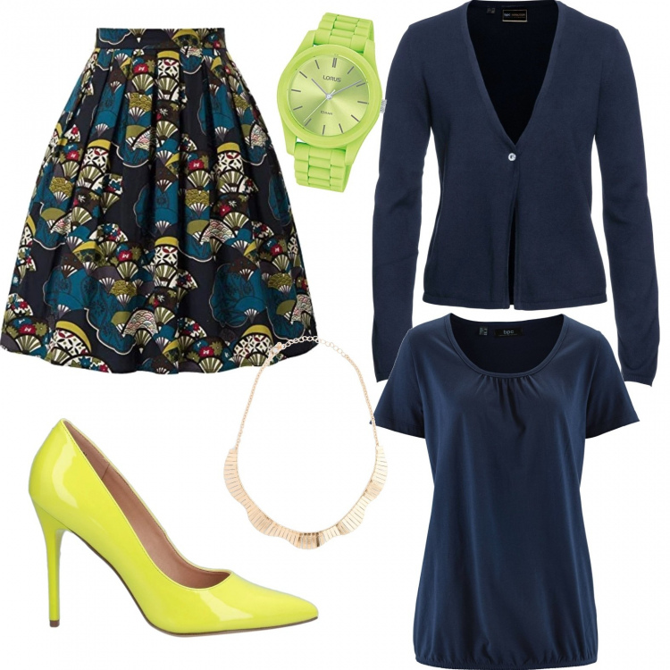 Outfit donna - Tocchi fluo. Stile Bon Ton per Tutti i giorni. Abbinamento con t-shirt, cardigans, collane, décolleté, gonne longuette, orologi.