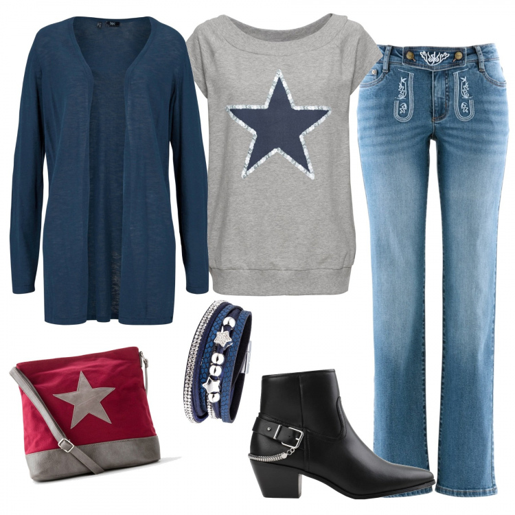 Outfit donna - 234- due stelle. Stile Basic per Tutti i giorni. Abbinamento con t-shirt, jeans, cardigans, braccialetti, borse a tracolla, stivaletti.