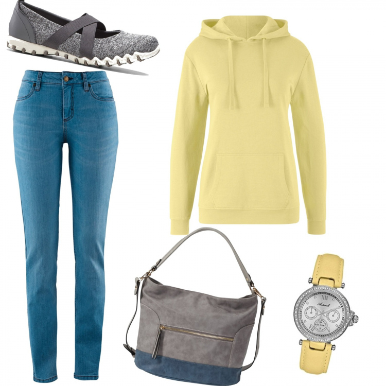Outfit donna - 235- jeans e felpa. Stile Basic per Tutti i giorni. Abbinamento con jeans skinny, felpe con cappuccio, ballerine, borse a mano, orologi analogici.
