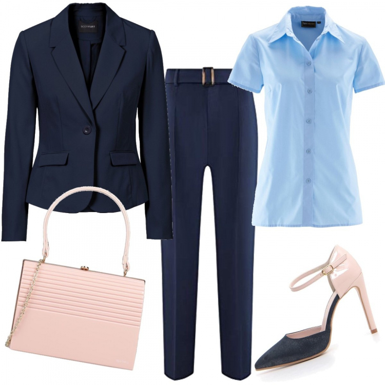 Outfit donna - Bon ton in ufficio. Stile Bon Ton per Ufficio. Abbinamento con blazer, camicie a manica corta, borse a mano, pantaloni, décolleté.