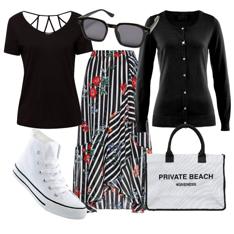 Outfit donna - Fantasia fiori e righe. Stile Trendy per Tutti i giorni. Abbinamento con cardigans, gonne, sneakers alte, borse a mano, vestaglie, occhiali da sole.