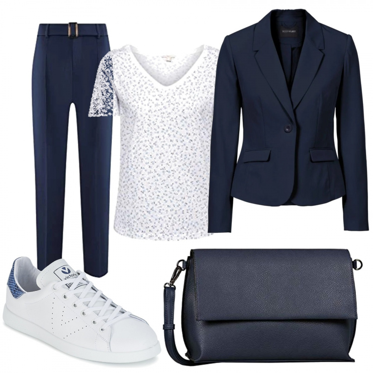 Outfit donna - Trendy #23134. Stile Trendy per Tutti i giorni. Abbinamento con blazer, sneakers, pantaloni, t-shirt, borse a tracolla.