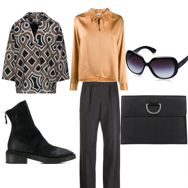 Outfit donna - Marzo geometrico. Stile Bon Ton per Tutti i giorni. Abbinamento con bluse, pantaloni, stivali, cappotti, borse a mano, occhiali da sole.