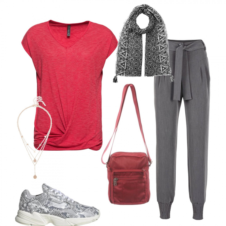 Outfit donna - Le sneakers trendy. Stile Trendy per Tutti i giorni. Abbinamento con maglieria, pantaloni, ciondoli, sneakers, borse a tracolla, scialli.