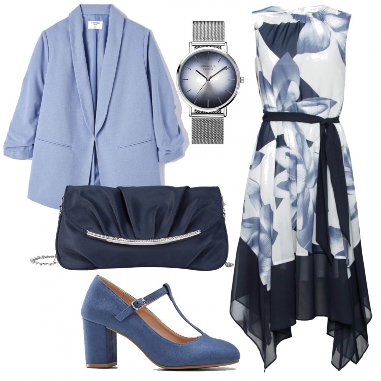 Outfit donna - Cerimonia chic. Stile Bon Ton per Cerimonia. look ideale per Petite. Abbinamento con pochette, vestiti, décolleté, blazer, orologi analogici.