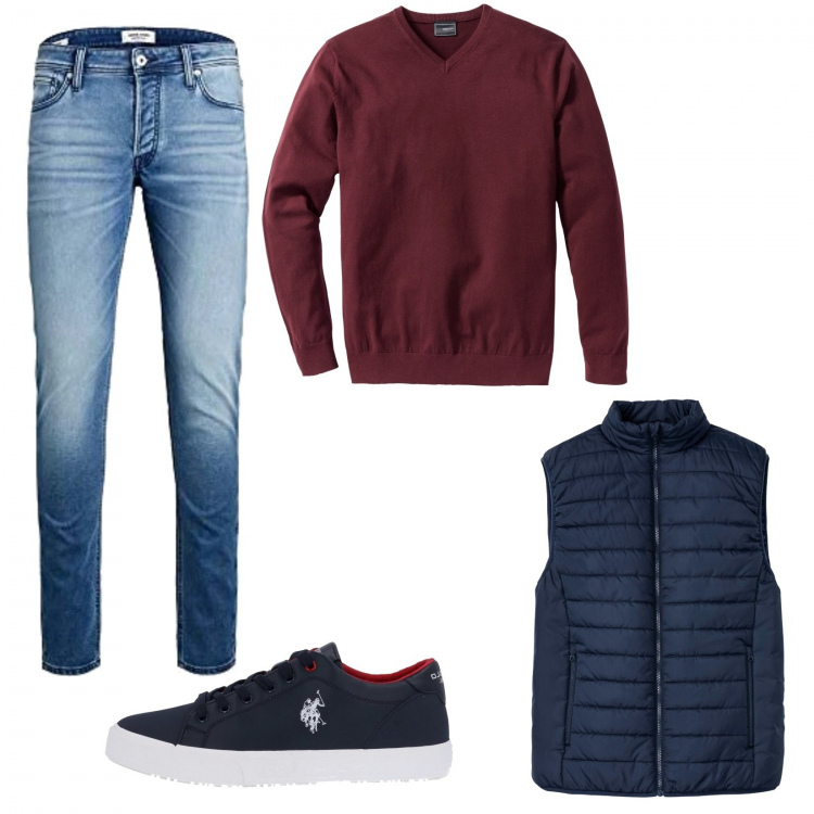 Outfit uomo - Maglioncino leggero. Stile Casual per Tutti i giorni. Abbinamento con gilet, maglieria, sneakers, jeans slim fit.