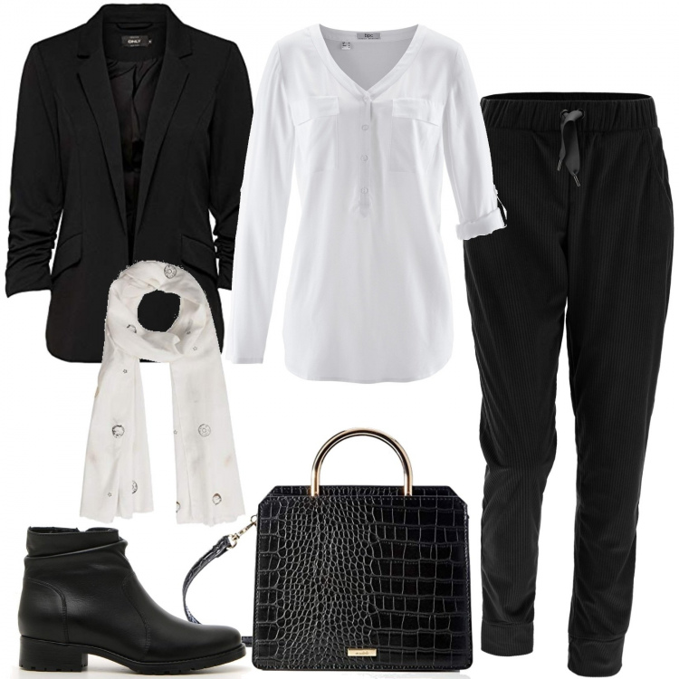 Outfit donna - Blusa e giacca in tutta praticità. Stile Basic per Tutti i giorni. Abbinamento con bluse, pantaloni, borse a mano, blazer, stivaletti, sciarpe.
