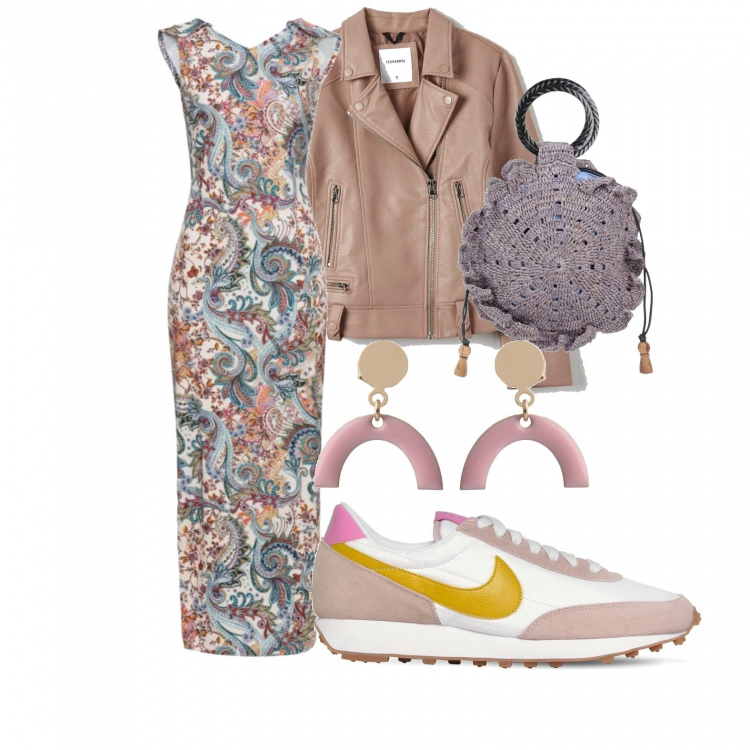 Outfit donna - Rosa cipria. Stile Urban per Ufficio. Abbinamento con orecchini, borse a mano, cappotti, vestiti lunghi, sneakers.