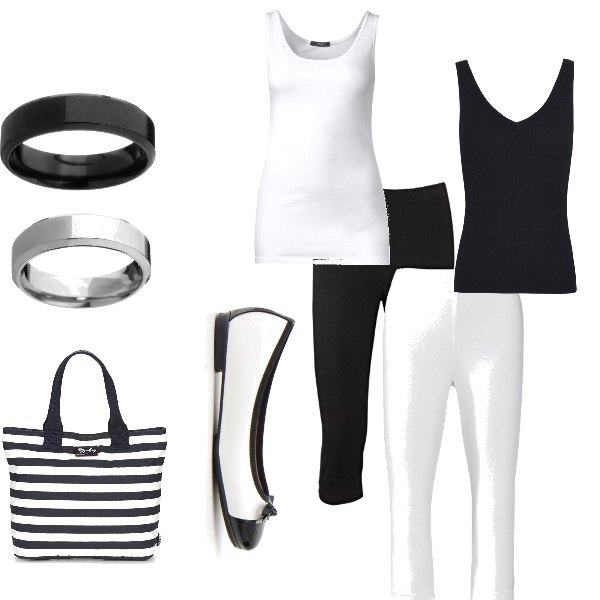 Outfit donna - Black or white?. Stile Basic per Tutti i giorni. Abbinamento con leggings, borsa blu, ballerine e scarpe flat, anello, canottiera bianco.
