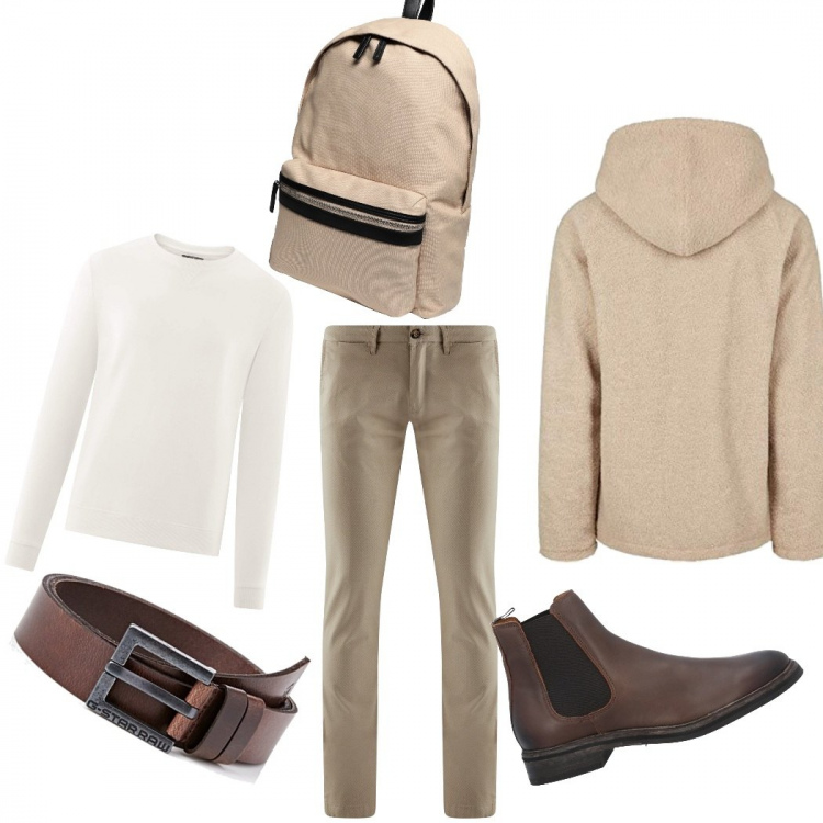 Outfit uomo - Quasi primavera. Stile Casual per Ufficio. Abbinamento con borse sportive, stivali e stivaletti, felpe, pantaloni chino, giacche, cinture.