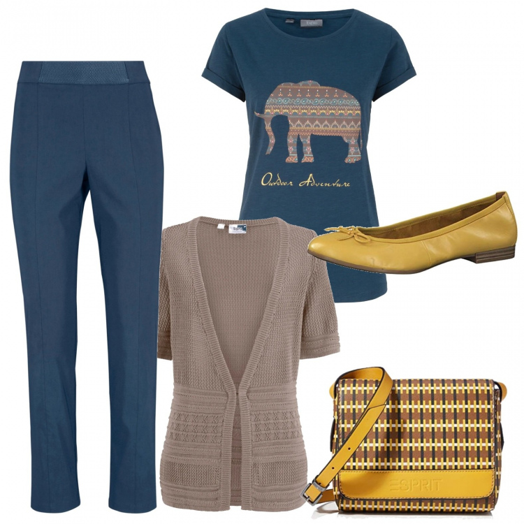 Outfit donna - Quasi un safari. Stile Urban per Ufficio. Abbinamento con cardigans, pantaloni capri, giacche, ballerine, borse a tracolla.