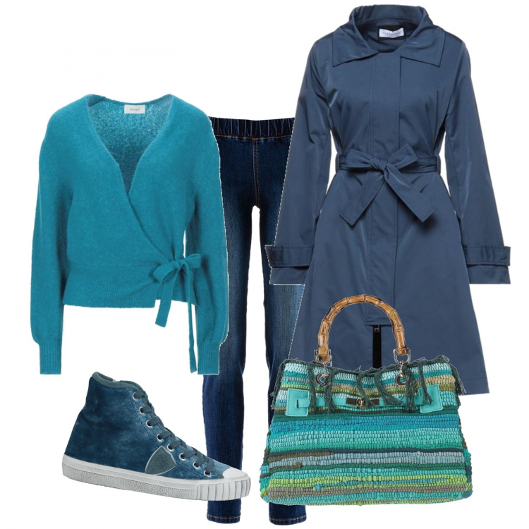 Outfit donna - Pastello nei toni del mare. Stile Basic per Ufficio. Abbinamento con treggings, borse a mano, top, cappotti, sneakers.