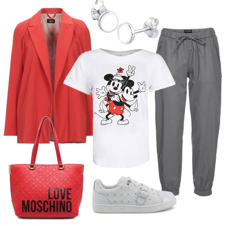 Outfit donna - Una passeggiata. Stile Trendy per Tutti i giorni. Abbinamento con pantaloni, blazer, borse tote, t-shirt, sneakers, orecchini.