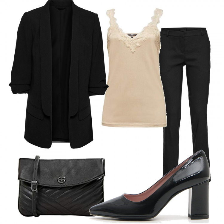 Outfit donna - Trendy #23392. Stile Trendy per Serata fuori. Abbinamento con pantaloni, blazer, t-shirt, décolleté, borse a tracolla.