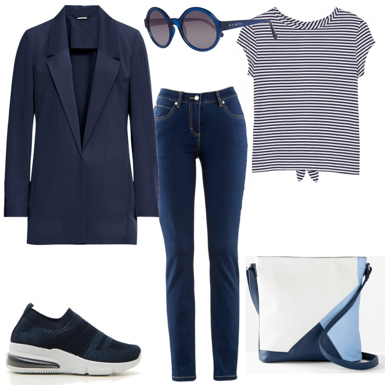 Outfit donna - Plus size every day. Stile Basic per Tutti i giorni. Abbinamento con jeans dritti, blazer, borse a tracolla, sneakers, t-shirt, occhiali da sole.