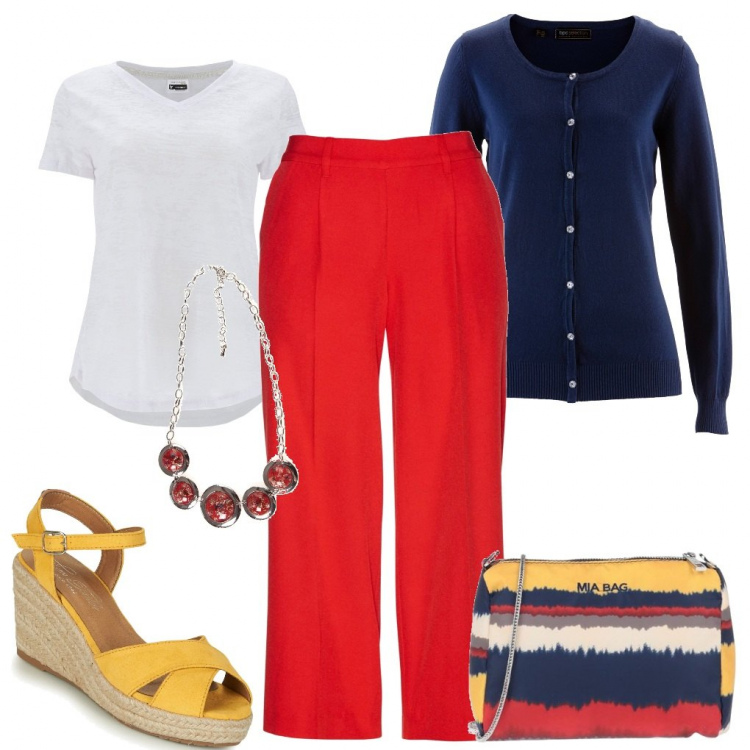 Outfit donna - Classico colorato. Stile Basic per Tutti i giorni. Abbinamento con cardigans, pantaloni culotte, borse a mano, sandali, collane, t-shirt.