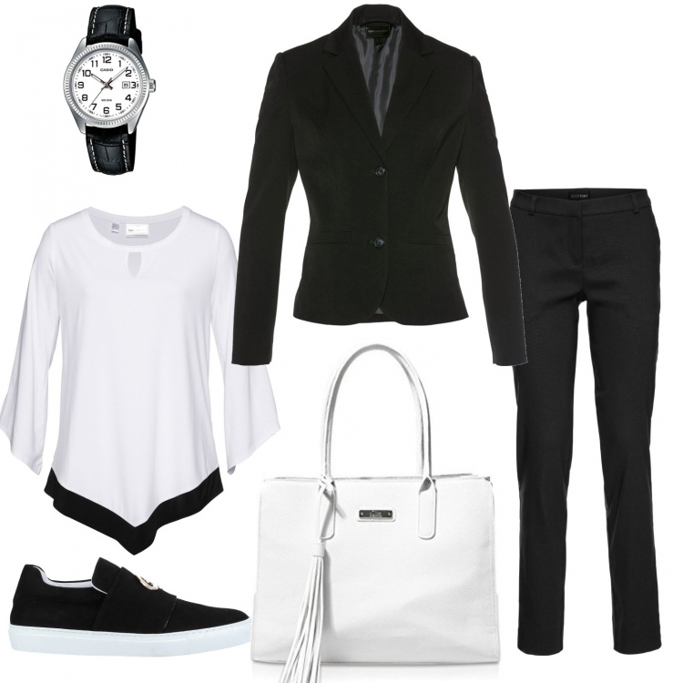 Outfit donna - La moda di questa primavera. Stile Bon Ton per Ufficio. Abbinamento con pantaloni, pullovers, blazer, sneakers, shopping bag, orologi analogici.