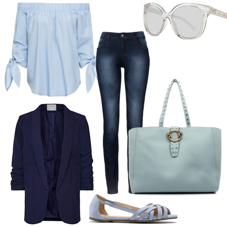 Outfit donna - Carta da zucchero. Stile Chic per Tutti i giorni. Abbinamento con jeans skinny, bluse, ballerine, shopping bag, blazer, occhiali da sole.