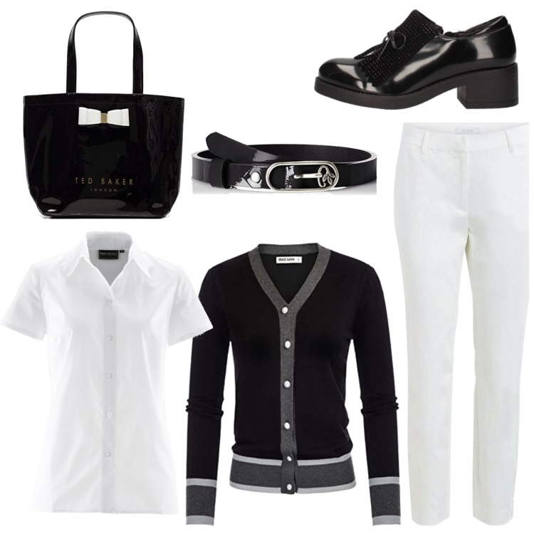 Outfit donna - Accessori in vernice nera. Stile Chic per Ufficio. Abbinamento con camicie a manica corta, pantaloni chino, mocassini, cardigans, borse a mano, cinture.
